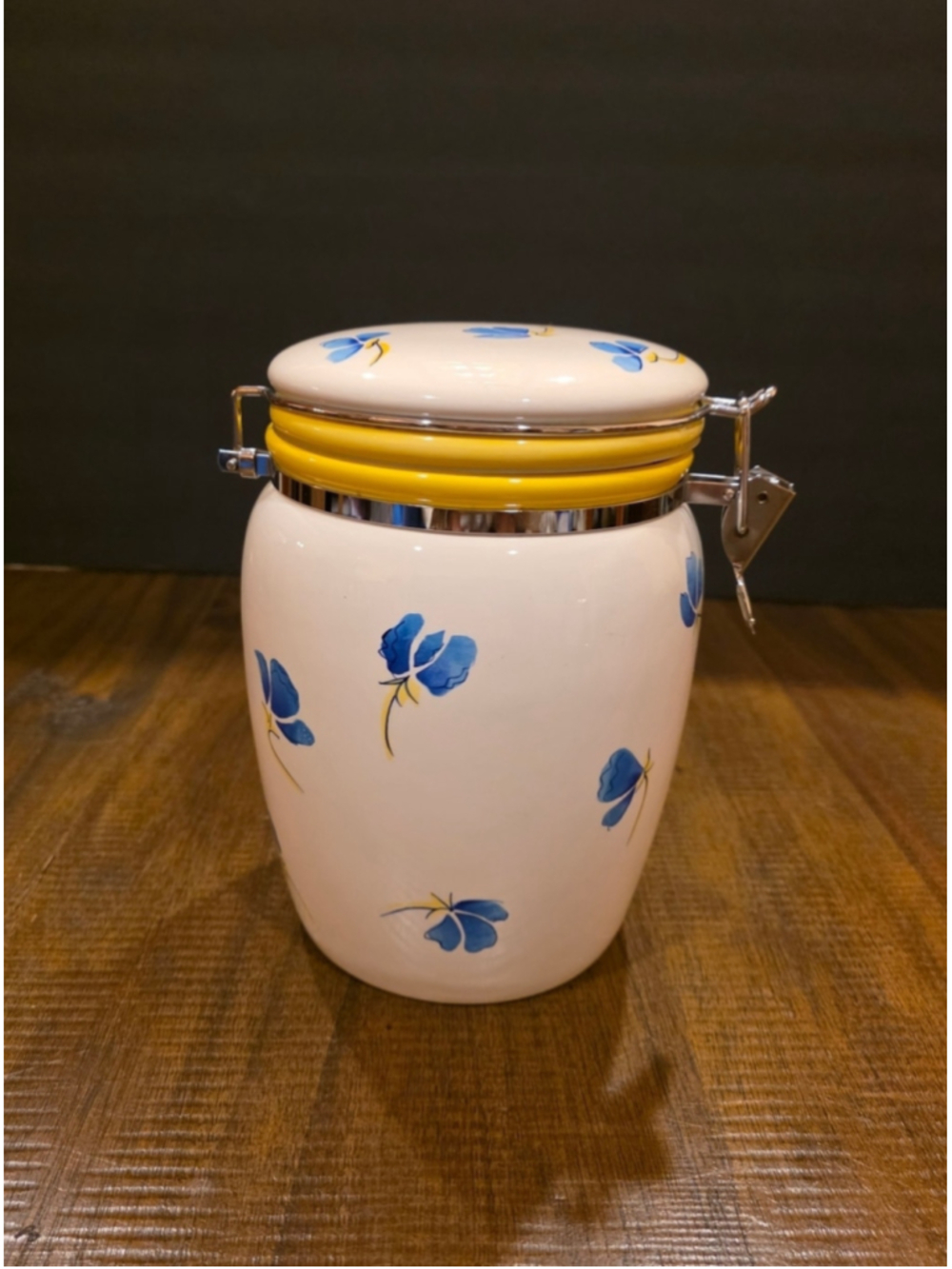 Vintage Inspirado Stonelite Canister Cookie Jar Hand Painted Blue Floral